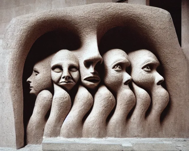 Image similar to by francis bacon, vivian maier, mystical redscale photography evocative. an intricate fractal concrete carved sculpture of the secret faces of god, standing in a city center.