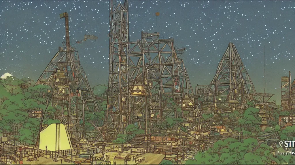 Prompt: a movie still from a studio ghibli film showing a huge industrial mining facility. a pyramid is under construction in the background, in the rainforest on a misty and starry night. by studio ghibli