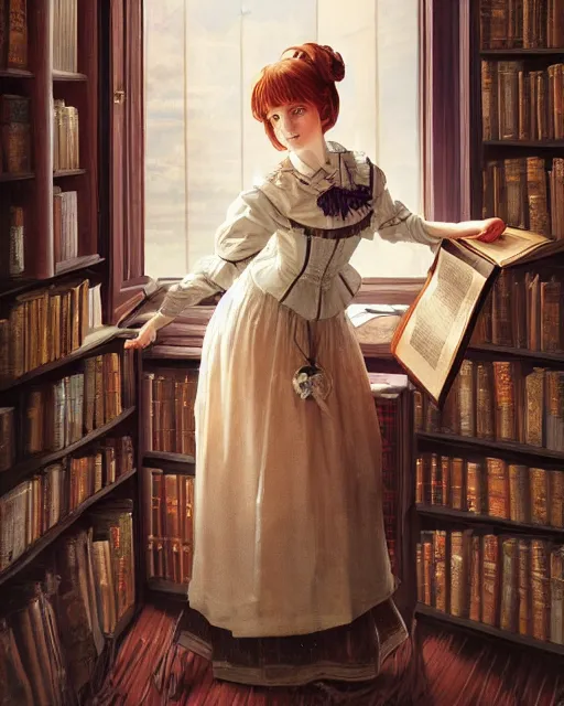 Image similar to a portrait of a victorian maid with long, flowing, auburn hair, detailed face, large eyes, happy, maid outfit, standing in a victorian reading room, window, short bookshelf, holding a stack of books, vivid colors, soft lighting, atmospheric, cinematic, moody, in the style of Ilya Kuvshinov and Range Murata, Krenz Cushart, oil on canvas, anime, 8K