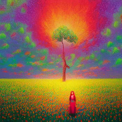 Prompt: large flower as a face, girl standing in a flower field, surreal photography, big trees, sunrise dramatic light, impressionist painting, colorful clouds, digital painting, pointillism, artstation, simon stalenhag