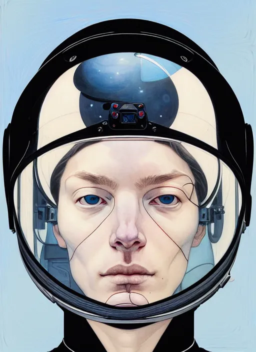 Image similar to artwork by james jean and Phil noto; a close up on the face of a beautiful man and woman in a future space suit; wearing futuristic astronaut helmet; highly detailed; pretty eyes; circular black pupils; artwork by james jean and Phil noto