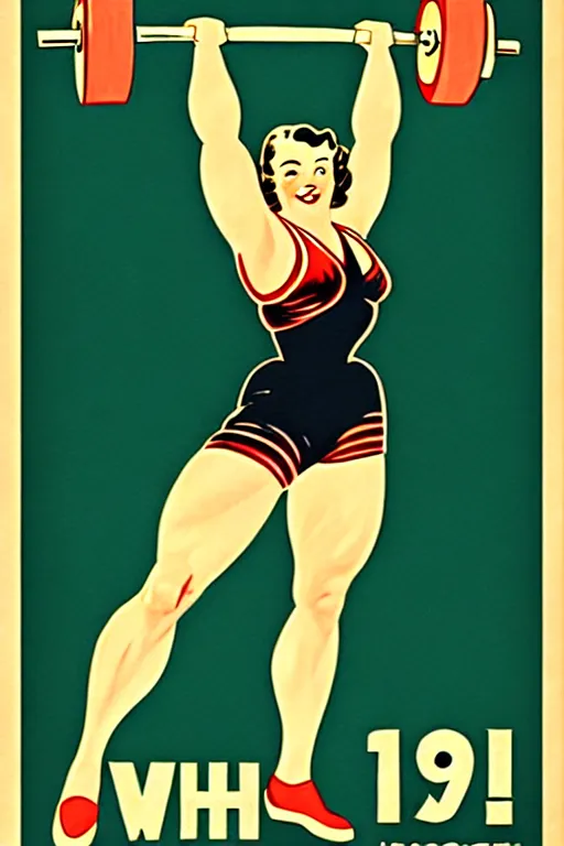 Prompt: 1940s weightlifting art poster