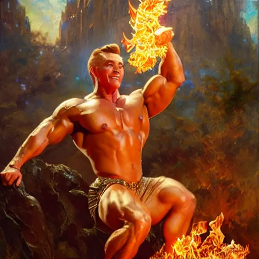 Image similar to stunning male bodybuilder master wizard casting fire spell, highly detailed painting by gaston bussiere, craig mullins, j. c. leyendecker, 8 k