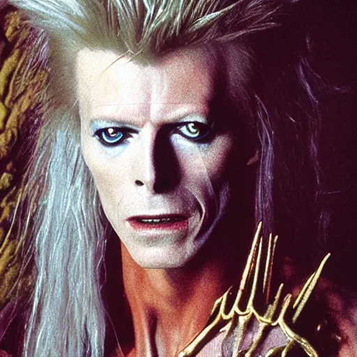 Image similar to David Bowie as the Goblin King from the movie Labyrinth (1986), intricate, highly detailed, fullbody, artstation, concept art, smooth, sharp focus, illustration, art by greg rutkowski and orientalism and bouguereau and Zdzislaw Beksinski, good clear quality, lighting, biology, symmetrical artwork, perfect face, 135 mm, cinematic, hyper realism, high detail, octane render, 8k, chrome accents