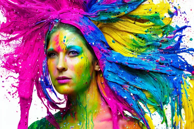 Image similar to a highly detailed cinematic headshot portrait photograph of a woman with a liquid paint headdress, with rainbow paint splash, melting smoothly into other faces, liquid, ultra realistic, beautiful rim lighting, by richard avedon and annie leibovitz and arnold newman, photorealistic, hyperrealistic, octane, high speed camera, zeiss lens, sharp focus, paint splash