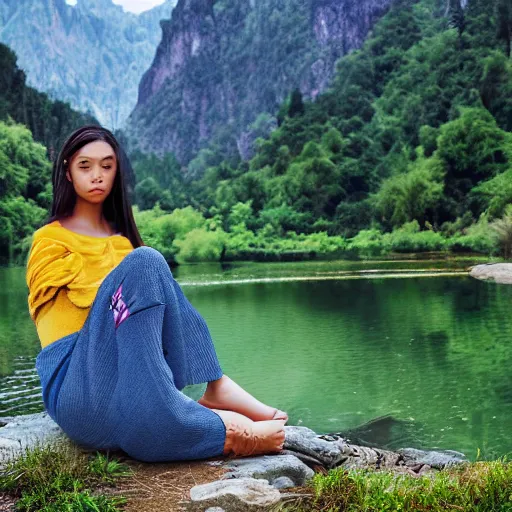 Image similar to prompt Young Woman, wearing Inka clothes, sad expression, sitting at a pond, mountainous area, trees in the background, digital art