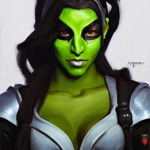 Prompt: greg manchess portrait painting of jade from mortal kombat a dark elf with glowing eyes wearing a mask covering her mouth as overwatch character, medium shot, asymmetrical, profile picture, organic painting, sunny day, matte painting, bold shapes, hard edges, street art, trending on artstation, by huang guangjian and gil elvgren and sachin teng