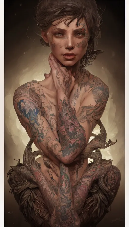 Prompt: tattooed lady, sweaty, insane, intricate, highly detailed, digital painting, artstation, concept art, smooth, sharp focus, illustration, Unreal Engine 5, 8K, art by artgerm and greg rutkowski and alphonse mucha