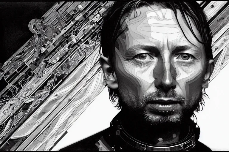 Image similar to hyper realistic portrait of thom yorke singer songwriter, side, liminal space, spacesuit, waterline, reflections, by lee bermejo, alphonse mucha and greg rutkowski