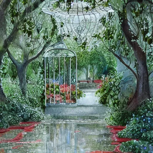 Prompt: delicate rain, symmetric artwork, chairs, garden, paved, botanic watercolors, iridescent, 8 k, realistic shaded, fine details, artstation, italian, iron gate, tree, mediterranean, marvelous