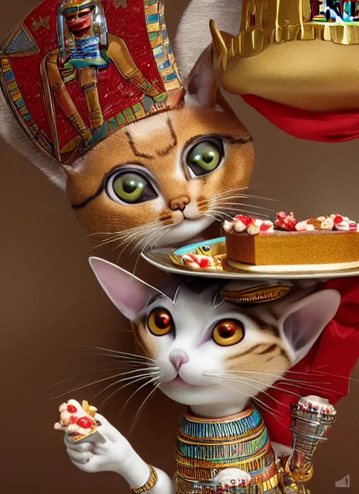 Prompt: highly detailed closeup, portrait of a tin toy egyptian cat goddess eating cakes, unreal engine, nicoletta ceccoli, mark ryden, earl norem, lostfish, global illumination, detailed and intricate environment