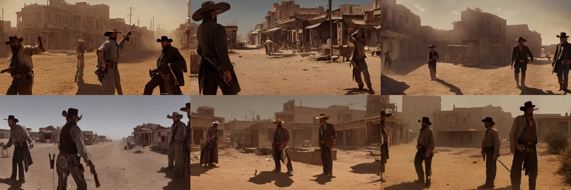 Prompt: a detailed ultra wide cinematic view of an old west duel between two gunmen in the dusty street of an abandoned far - west town, high noon, 8 k, dramatic lighting, short focal, fish eye, 2 : 3 5 ratio, cinematography by sergio leone, digital painting, art by craig mullins and greg rutkowski and cedric peyravernay