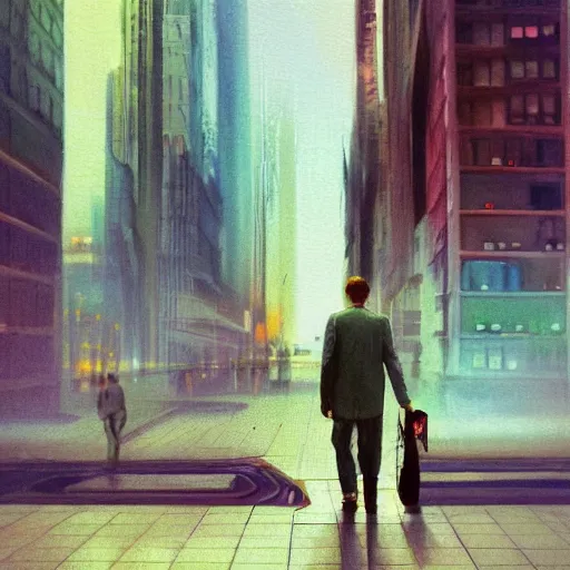 Prompt: a surreal pastel painting with a tilt - shift effect of a man walking through a science fiction - based city, dramatic lighting, depth of field, dreamy