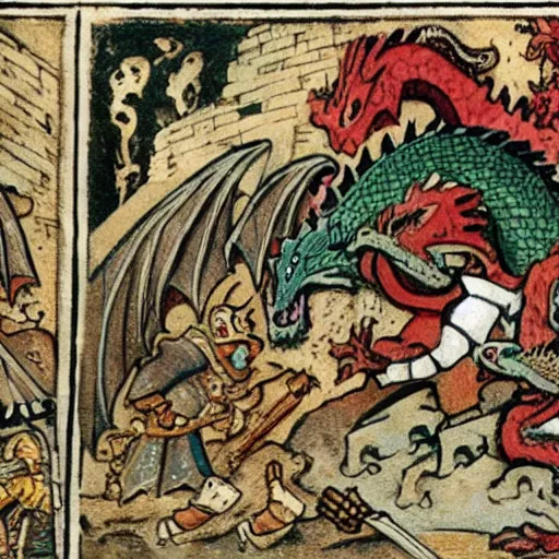 Image similar to two dragons in a castle fighting knights in the middle ages