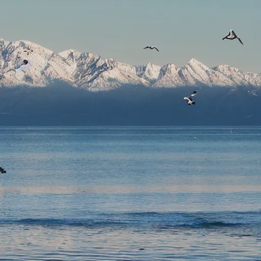 Image similar to Ultrarealistic, beautiful landscape of an oceanic beach with mountains in the background and the sun setting over the mountain peaks. Seagulls can be seen flying close to the beach. The mountains are extremely tall with snow caps on them.