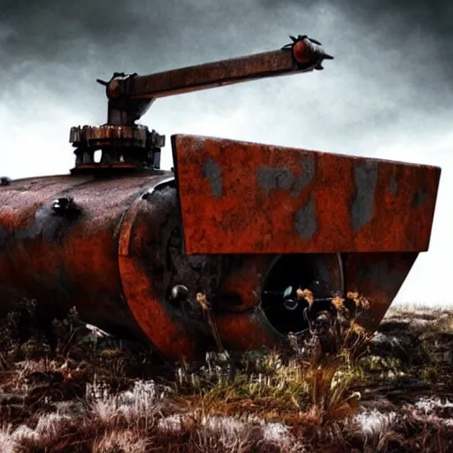 Prompt: photo of a rusted metal war machine from the distant future