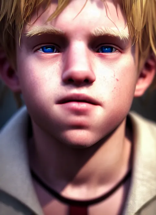 Image similar to ( ( ( ( ( hyperrealist cg of blonde boy thief ) ) ) ) ) by daniel f. gerhartz and matt stewart, fantasy, photorealistic, octane render, unreal engine, dynamic lighting, perfect factions, very detailed faces, trending on artstation, poster, volumetric lighting, 4 k, award winning