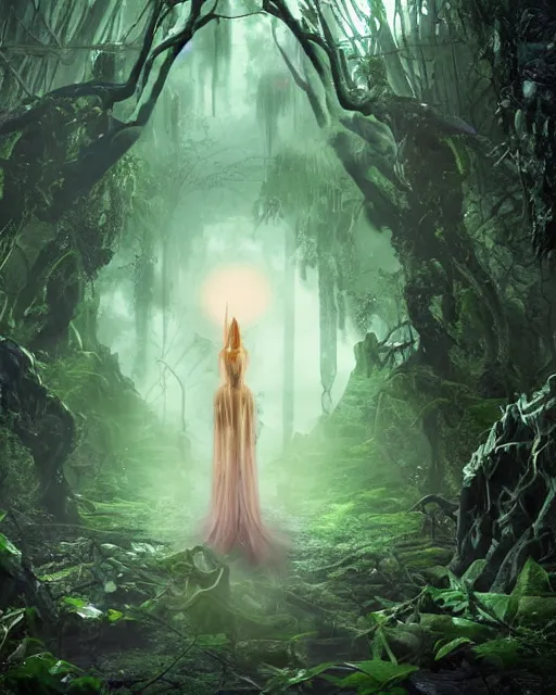 Prompt: a doomed goddess walking towards a ravenous, horrific portal to hades embedded in a creepy tree in a densely overgrown, magical jungle, fantasy, dreamlike sunraise, stopped in time, dreamlike light incidence, ultra realistic