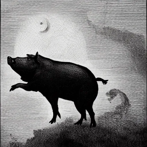 Image similar to pig in a tuxedo in front of the moon, dark clouds, high detail, dramatic light, illustration by gustave dore