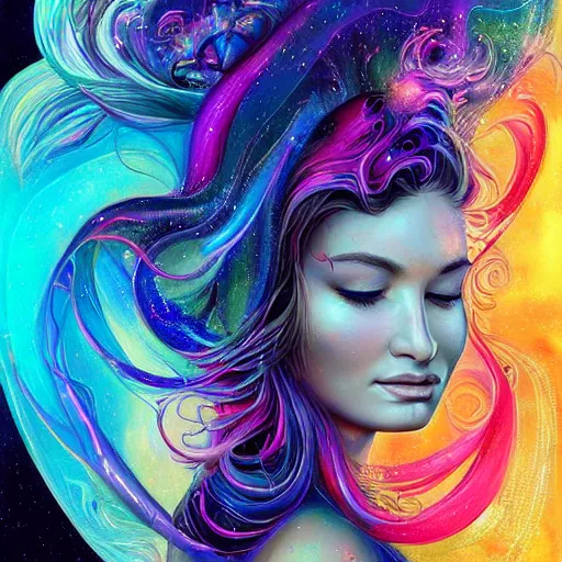 Image similar to a portrait of kim petras with her eyes closed, galaxy colored psychedelic chakra awakening kundalini ethereal vibes, transcending to a higher plane of existence, eternal blessing, multiverse, by android jones, by ben ridgeway, visionary art, by artgerm, featured on artstation, cgsociety, by greg rutkowski