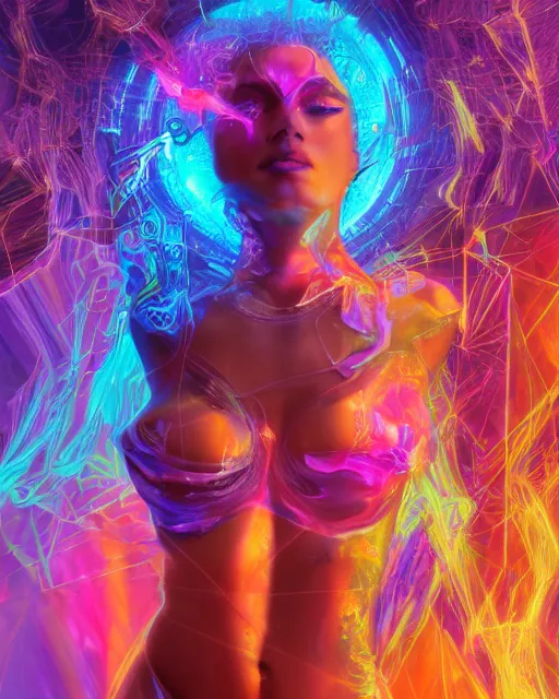 Image similar to a powerful energy psychedelic woman, by alexander fedosav, hyper detailed digital matte painting, concept art, hyperrealism, 1 6 k resolution, cinema 4 d, 8 k resolution, trending on artstation, behance hd, a masterpiece, by stephan martiniere, particles, cel - shaded, power bright neon energy, by david a. hardy,