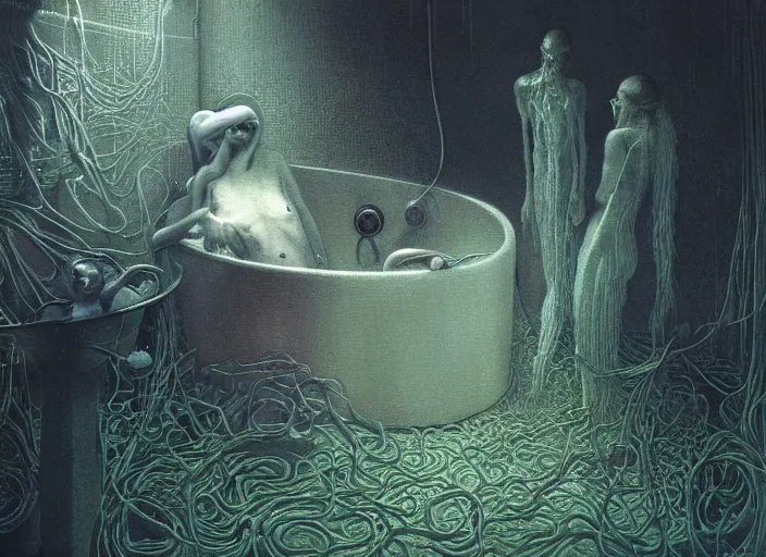 Image similar to close-up of bathtub full of water, neon, they are watching, RGB, glowing wires everywhere, decay, by Edgar Maxence and Ross Tran, Zdzisław Beksiński, and Michael Whelan, distant, gustav dore, H.R. Giger, 8k, octane render