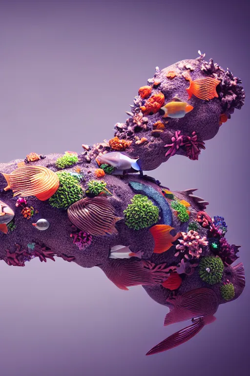 Image similar to a sculpture of fish ocean intertwined, diode lighting, a lovely cornucopia of flowers and human body parts, body parts, highly detailed, octane render, cinematic, sharp focus, clean, studio lighting