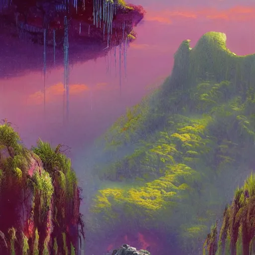 Image similar to illustration of a lush natural scene on an alien planet by paul lehr. beautiful landscape. weird vegetation. cliffs and water.