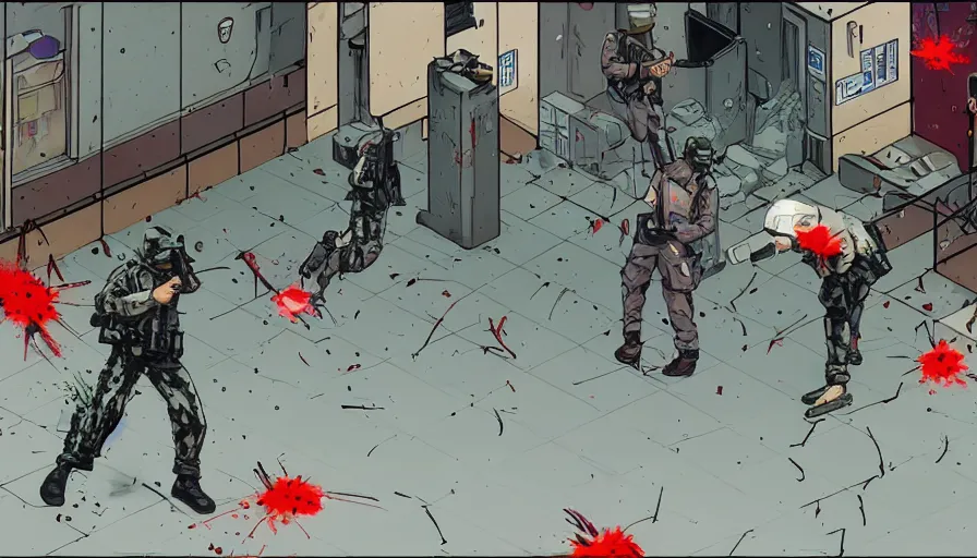 Prompt: 1994 Video Game Deathcam Screenshot, Anime Neo-tokyo Cyborg bank robbers vs police, Akira Anime, Set inside of the Bank Lobby, Multiplayer set-piece in bank lobby, Tactical Squad :9, Police officers under heavy fire, Police Calling for back up, Bullet Holes and Realistic Blood Splatter, :6 Gas Grenades, Riot Shields, Large Caliber Sniper Fire, Chaos, Anime Cyberpunk, Anime Bullet VFX, Machine Gun Fire, Violent Gun Action, Shootout, :7 Inspired by Escape From Tarkov + Intruder + Metal Slug :9 by Katsuhiro Otomo: 9