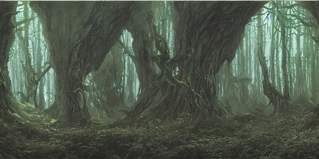 Image similar to Artwork by John Howe of the cinematic view of the Woodland of the Dark Lord.