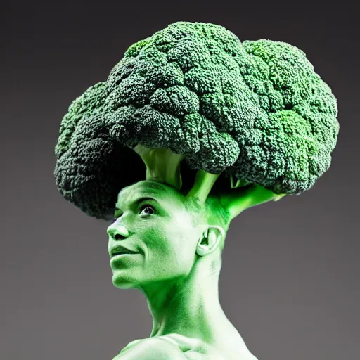 Image similar to a posing bodybuilder sculpture made entirely from broccoli, head of broccoli, studio photo