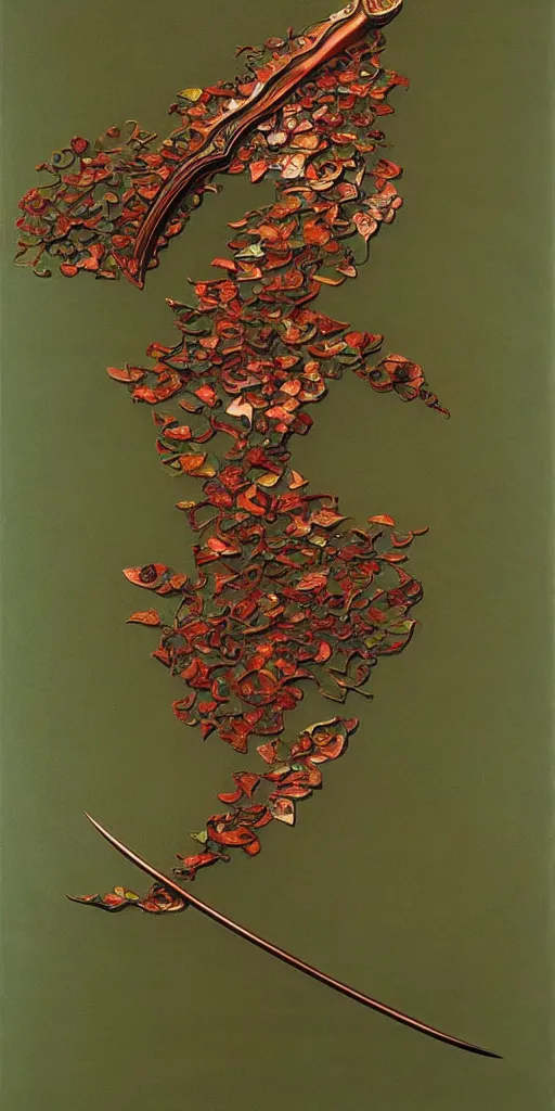 Prompt: a scimitar made from flower petals, elegant, copper and emerald inlay, brilliant, in the style of zdzisław beksinski