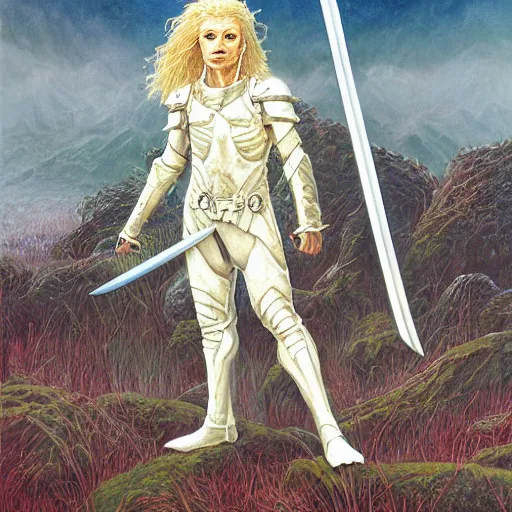 Image similar to albino wearing armor and wielding a long black sword, by michael whelan