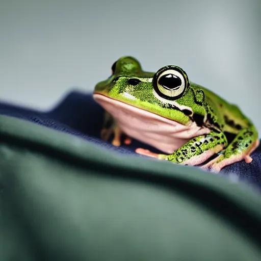 Image similar to a funny picture of a happy frog peeking out of a jacket pocket, 4K