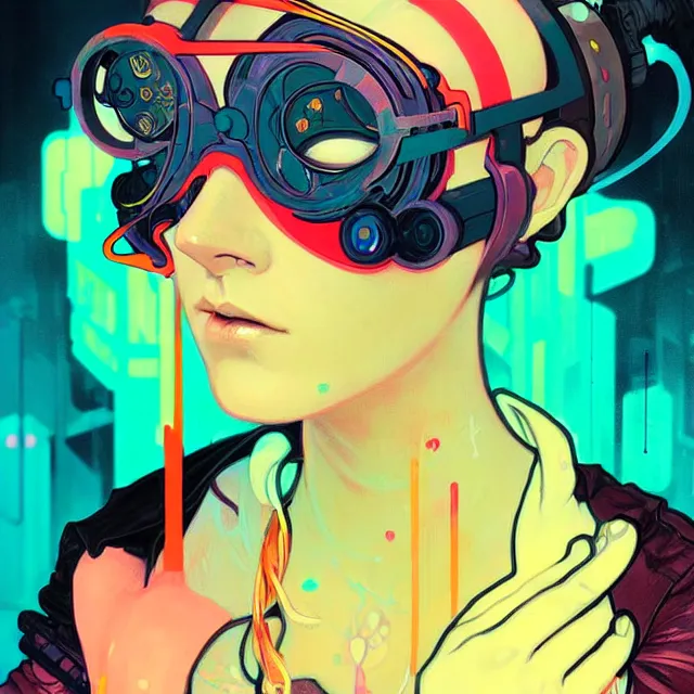 Prompt: a beautiful painting of a cyberpunk blindfolded girl by sachin teng and pascal blanche and alphonse mucha! and sam yang and josan gonzalez!. in style of conceptual art. colorful comic, film noirs, brush stroke, vibrating colors, hyper detailed. octane render. trending on artstation