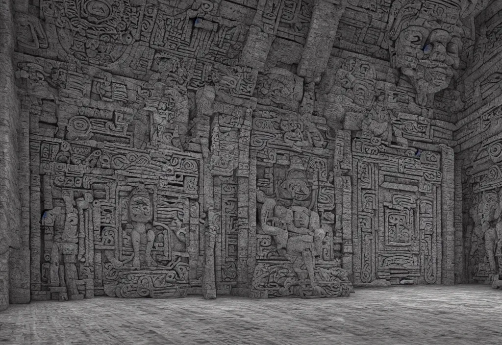 Image similar to a mayan temple interior with symmetric recogniseable giant face portrait of a mayan god-emperor in the center Carved in stone relief style behind an ancient altair of sacrafice. 3d render. Unreal engine 5. CGsociety, artstatio, deviantart. Realistic. Well Detailed. Torch light. Omnious, intricate. By luminokaya inspired by H.r. giger painting influenced by alien reliefs