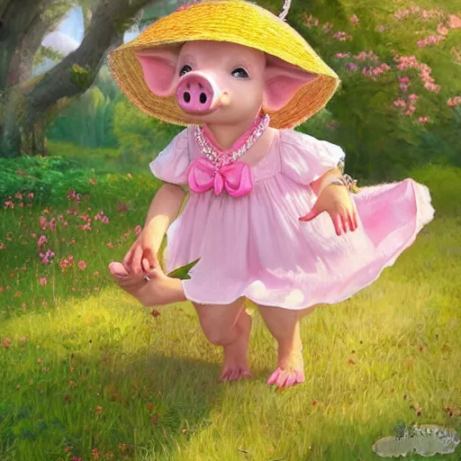 Image similar to A beautiful portrait of an anthropomorphic pig wearing a sunhat and a sundress, cute, adorable, summer, garden, vivid colors , by Stanley Artgerm Lau, WLOP, Rossdraws, James Jean, Andrei Riabovitchev, Marc Simonetti, and Sakimichan, tranding on artstation