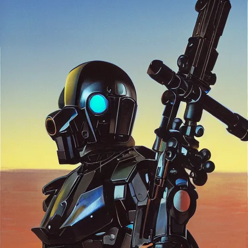 Prompt: pitch black gunpla droid kenku sniper. long thin gun. neon goggle. anthropomorphic black bird beak. torso. odst raven beak helmet, science fiction, portrait by donato giancola and greg rutkowski and wayne barlow. oil on canvas. 1 9 7 8 cover. top all time r / imaginarycyberpunk.