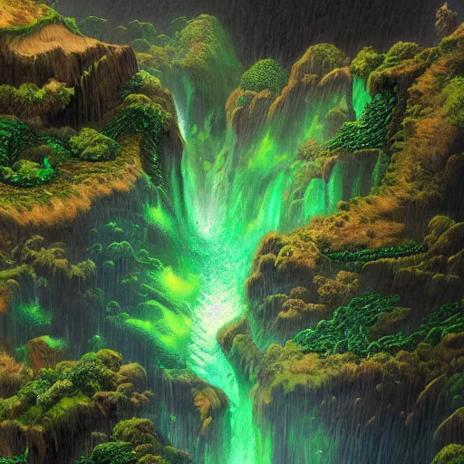 Prompt: green lava waterfall, Trending on Artstation, Hiroaki Tsutsumi style