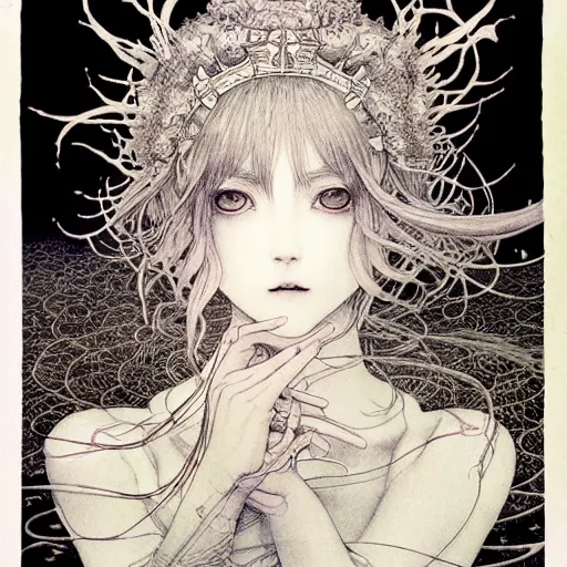 Prompt: prompt: Fragile looking vessel portrait soft light drawn by Vania Zouravliov and Takato Yamamoto, inspired by Fables, ancient crown, magical and alchemical weapons, soft light, white background, intricate detail, intricate ink painting detail, sharp high detail, manga and anime 2000