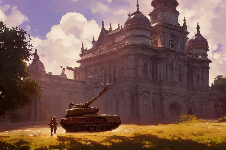 Image similar to a tank which looks like a ornate baroque church, scene in an open field. key visual, conceptart, ambient lighting, highly detailed, digital painting, artstation, concept art, sharp focus, by makoto shinkai and akihiko yoshida and greg manchess