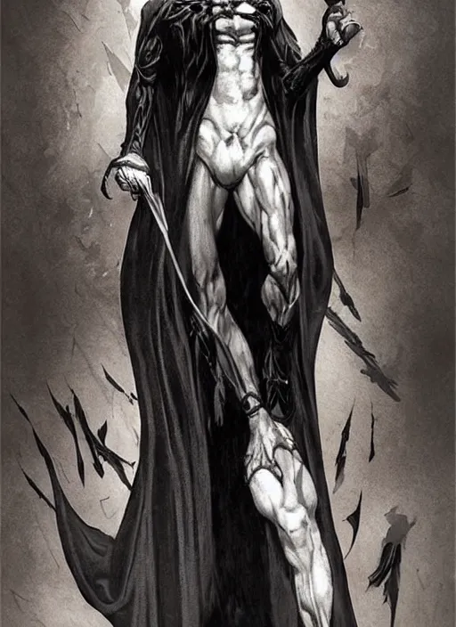 Prompt: elegant renaissance concept art of a male young muscular neo from matrix 1 as sandman from vertigo comics, the crow 1 9 9 4, full figure dynamic fighting pose, pale skin!, gothic, black overcoat, fantasy, intricate, highly detailed, digital painting, artstation, smooth, sharp focus, illustration, art by artgerm and greg rutkowski and alphonse mucha