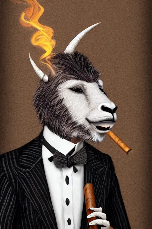 Image similar to beautiful portrait commission of a male furry anthro mountain goat wearing a pinstripe suit and waistcoat and smoking a cigar, award-winning, detailed, trending on artstation