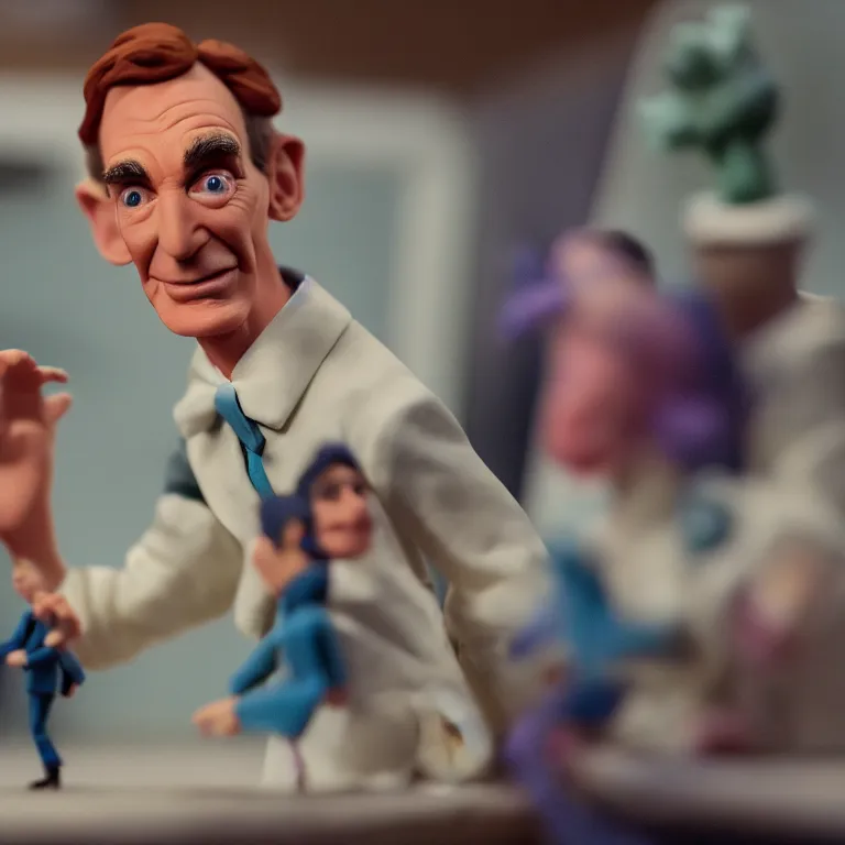 Image similar to a cinematic film still of a claymation stop motion film starring bill nye, shallow depth of field, 8 0 mm, f 1. 8