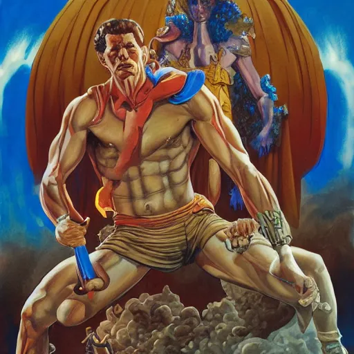 Prompt: detailed details photorealistic historical image gods vs titan in the style of bob peak and alex ross and moebius and jean giraud and artgerm and asaf hanuka, gouache and wash paints color, detailed details facial and body and human and environments and proportionate, detailed 5 k details.