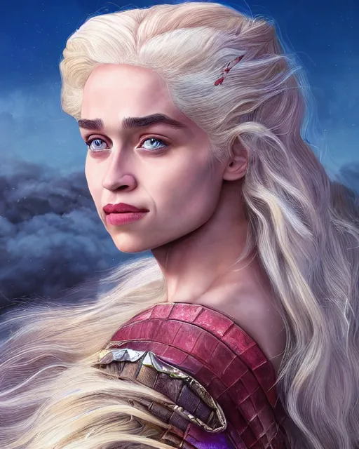 Image similar to closeup portrait happy beautiful daenerys targaryen with long blonde windblown hair and dragonskin armor, standing on a ledge of a mountain, pink lipstick, glamour pose, detailed illustration, digital art, trending on artstation, yoshitaka amano, daniel merriam, arney freytag