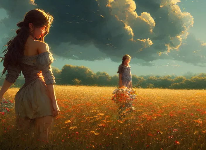 Prompt: detailed intricate digital illustration by greg rutkowski and artgerm and wlop and sanford robinson gifford ; beautiful meadow with colorful flowers and puffy clouds in background ; 1 3 mm film, arri alfa anamorphic lens ; sharp focus, golden hour lighting, trending on artstation 4 k ; close view