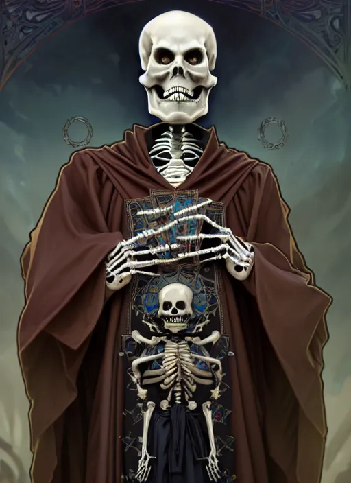 Prompt: undead skeleton king, wearing an academic gown, tarot card, highly detailed, deep focus, elegant, digital painting, smooth, sharp focus, illustration, ultra realistic, 8 k, art by artgerm and alphonse mucha and greg rutkowski