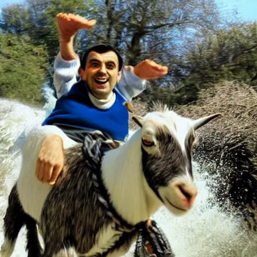 Image similar to Mr bean surfing on a goat