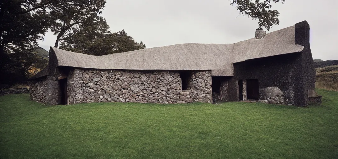 Image similar to scottish blackhouse designed by neutra. fujinon premista 1 9 - 4 5 mm t 2. 9. portra 8 0 0.